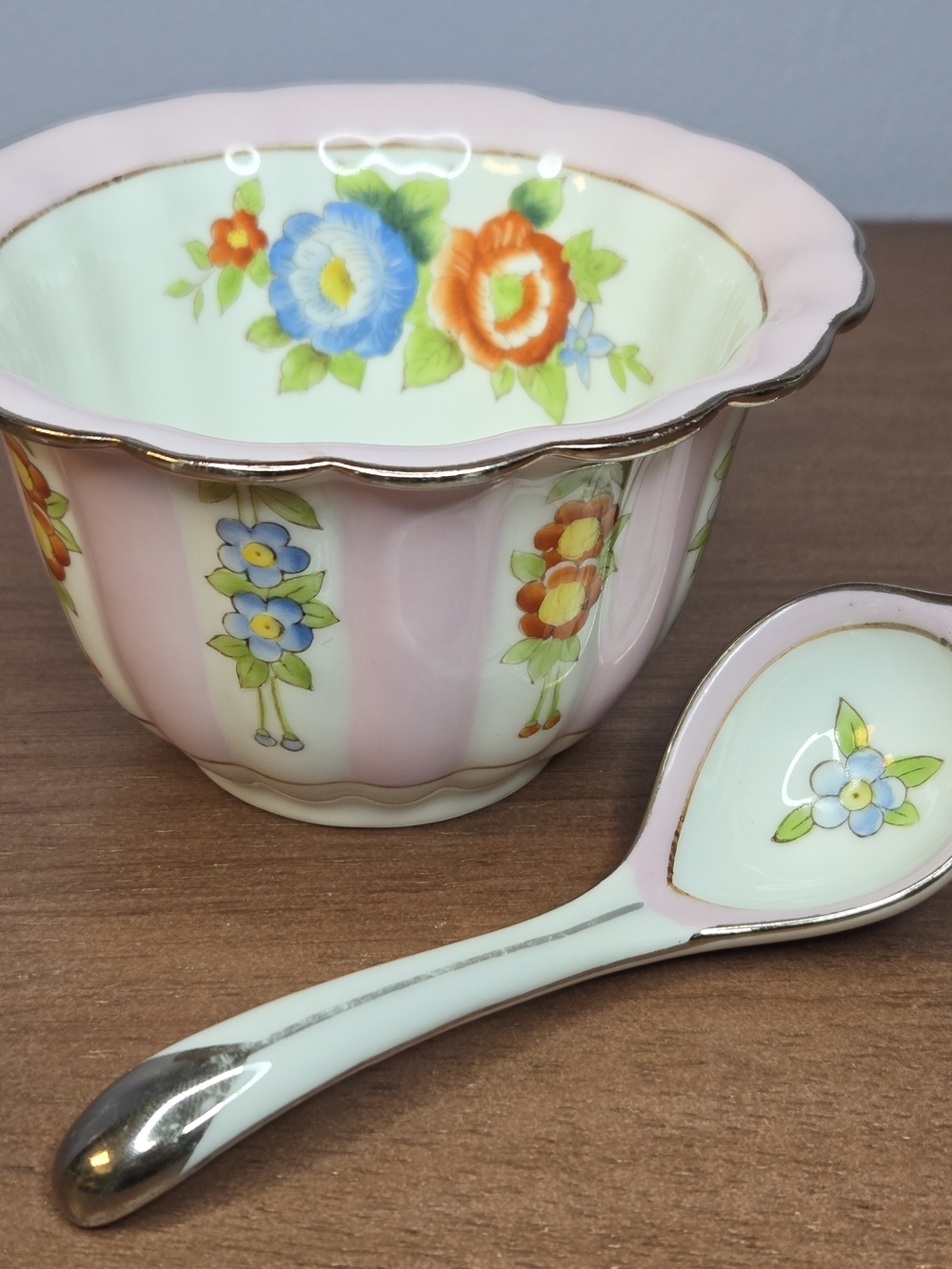 Antique Noritake Morimura Brothers Porcelain Bowl And Spoon Set Pink Floral